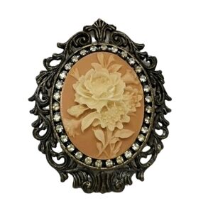 Vtg Style Flower Cameo Brooch Metal Filigree Carved Noblesse Collection 2003 New